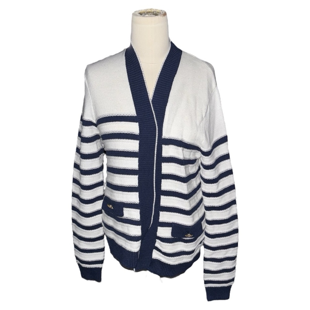 J. Crew Navy and White Striped Cardigan Sweater